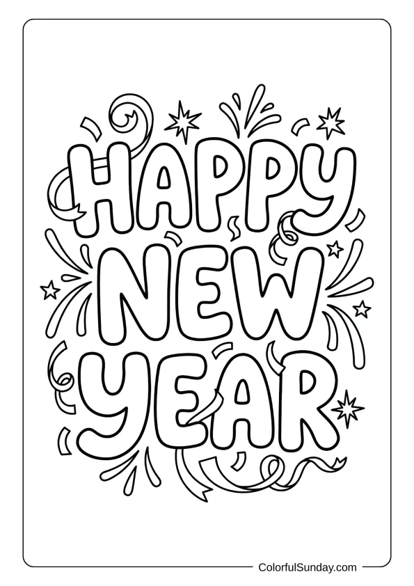 A coloring page of curling paper streamers and ribbons dancing around happy new year lettering.