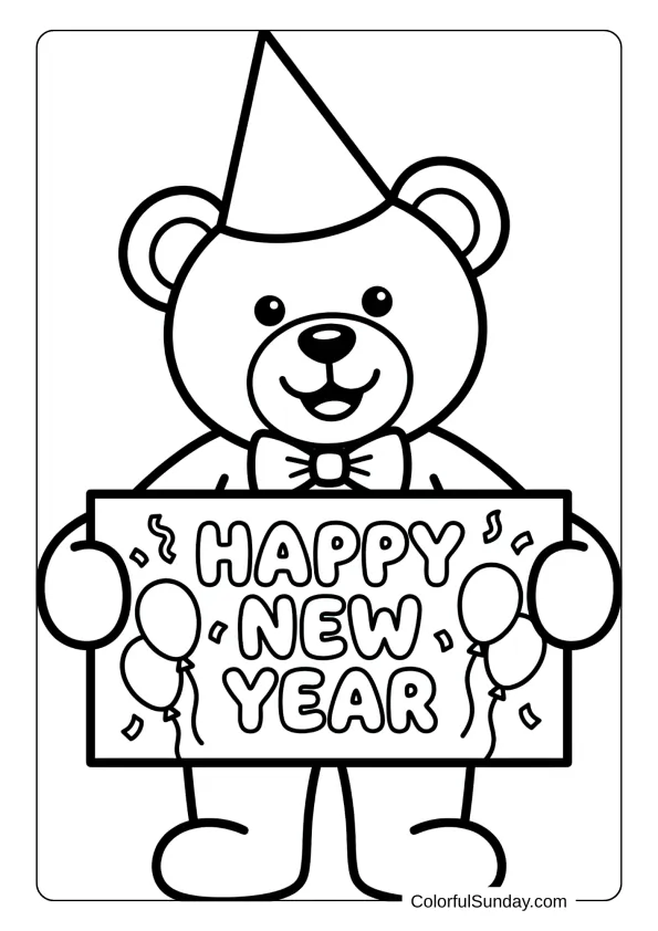 A coloring page of cute teddy bear wearing party hat holding happy new year sign.