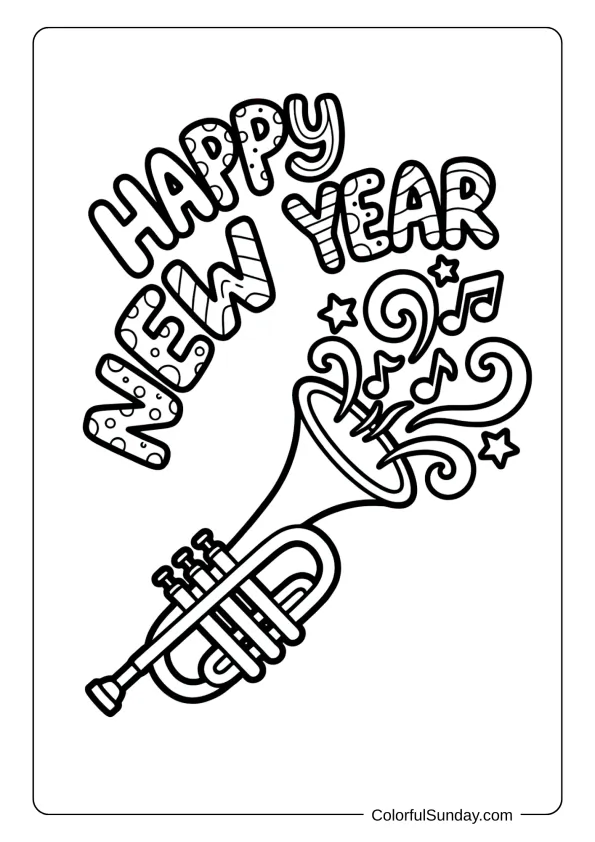 Celebration trumpet with musical flourishes happy new year coloring page with bold dynamic design.