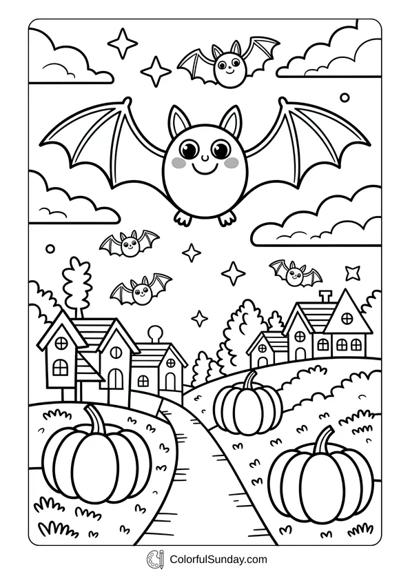 Pokemon Badges And Logo Coloring Page Smiling bats flying over houses and pumpkins along a path in a fun October coloring page.