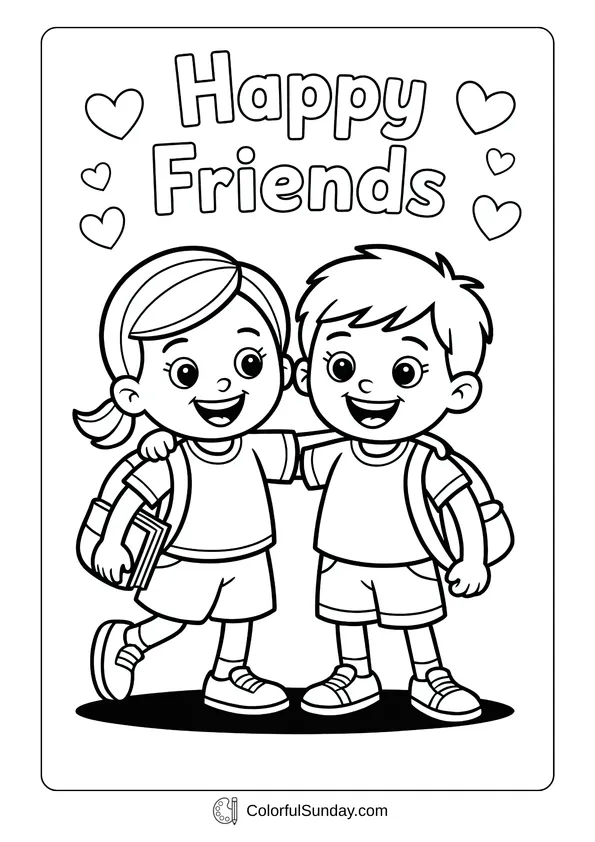 Two friends smiling and hugging with hearts around them, happy school friends coloring page.