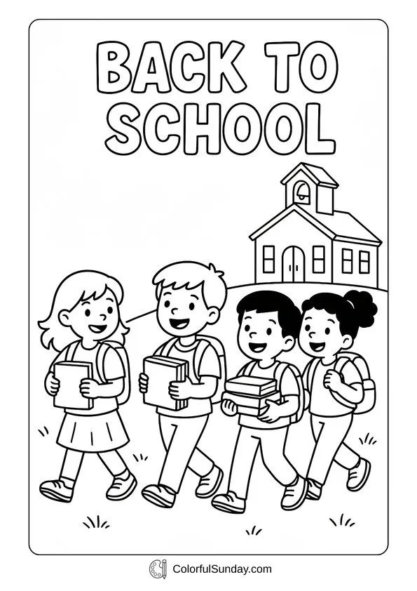 Happy School Time September Coloring Page Kids happily walking with books and backpacks in a back to school coloring page about September.