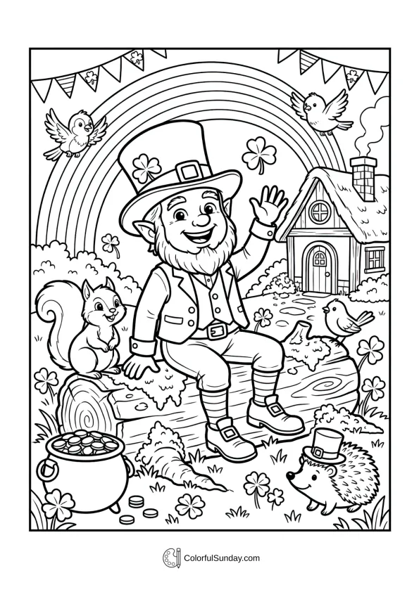 Coloring page scene of a cheerful leprechaun sitting happily in St. Patrick’s Day spirit.