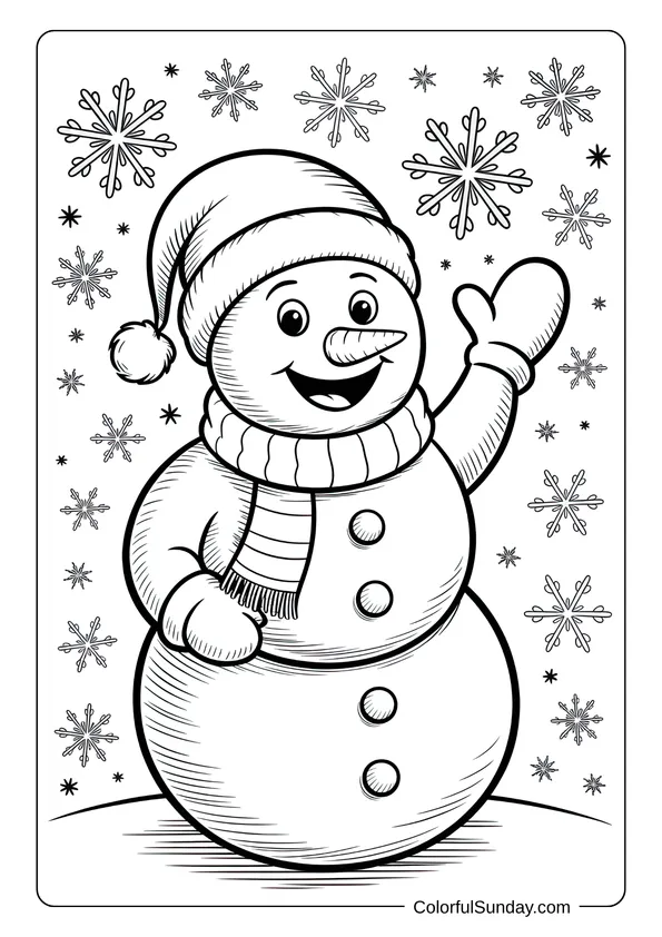 A smiling snowman wearing a hat and scarf waving joyfully, captured in a Christmas coloring page.