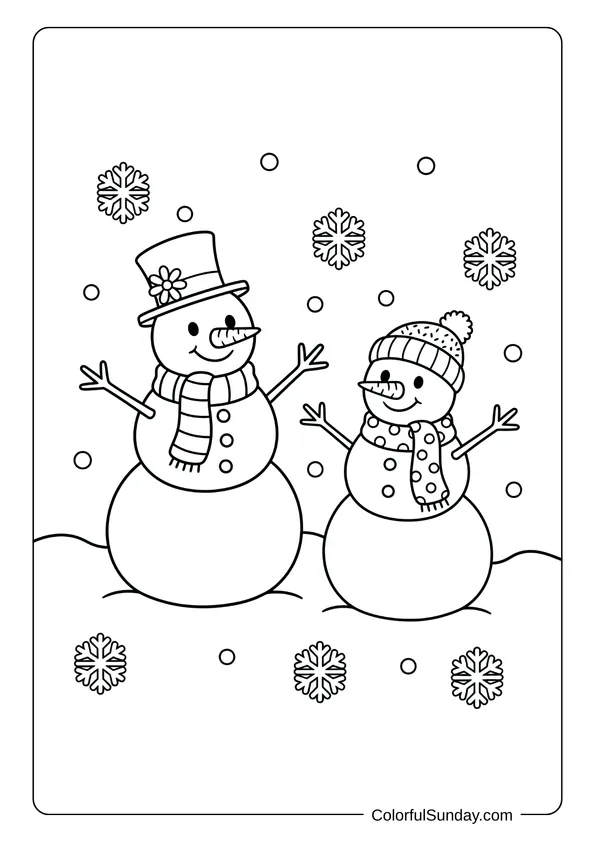 A coloring page of two snowmen playing together in a winter scene with scarves and hats.