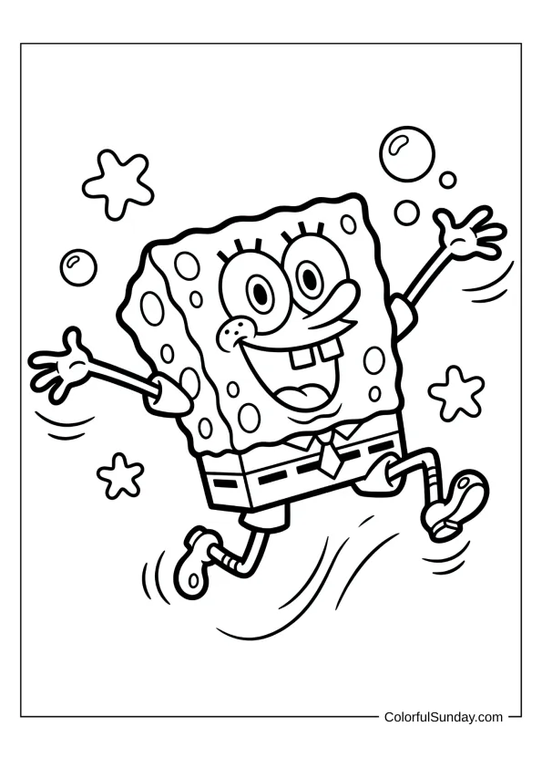 SpongeBob jumping with happiness and excitement in a cheerful coloring page