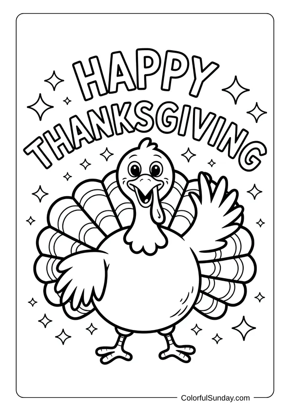 A happy turkey waving under glowing stars with the words Happy Thanksgiving above in a lively coloring page.