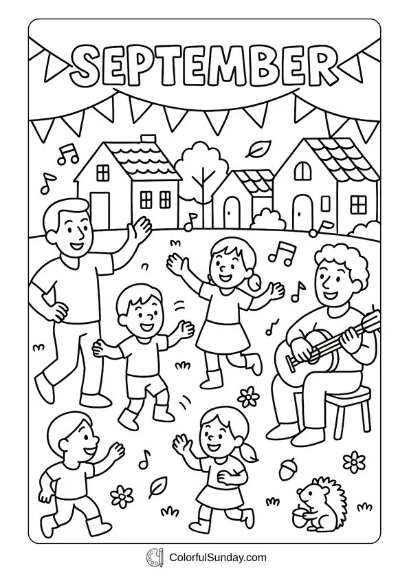 Harvest Festival September Coloring Page September harvest festival with families dancing, music, and decorations in a coloring page.