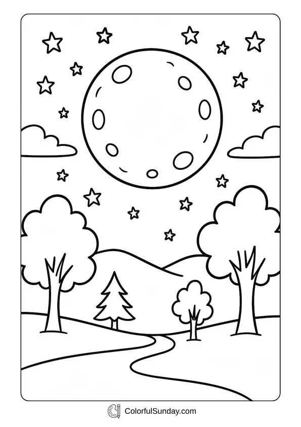 Harvest Moon September Coloring Page A glowing harvest moon shining bright among stars above rolling hills and trees, drawn as a September night sky coloring page.
