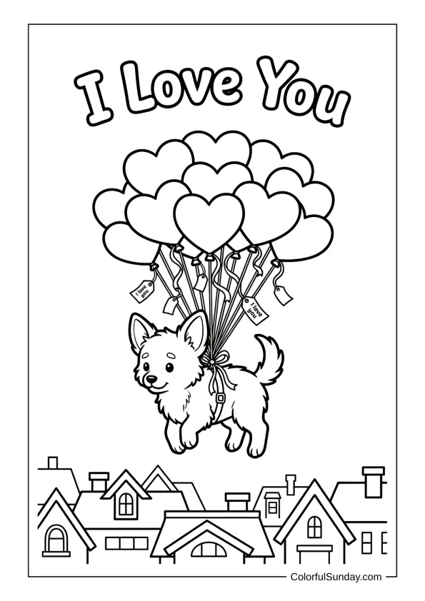 Puppy lifted by heart balloons with tags that say I love you above a skyline in a coloring page.