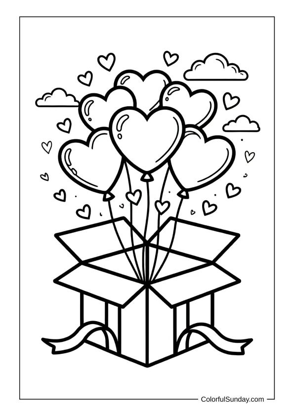 heart balloons tied to present in a coloring page