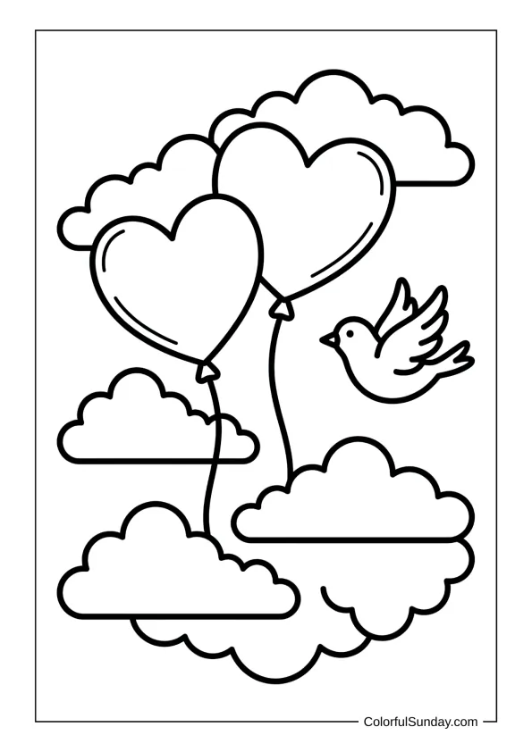 heart balloons in sky in a coloring page