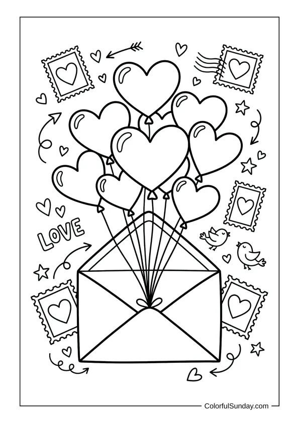 heart balloons from letter in a coloring page
