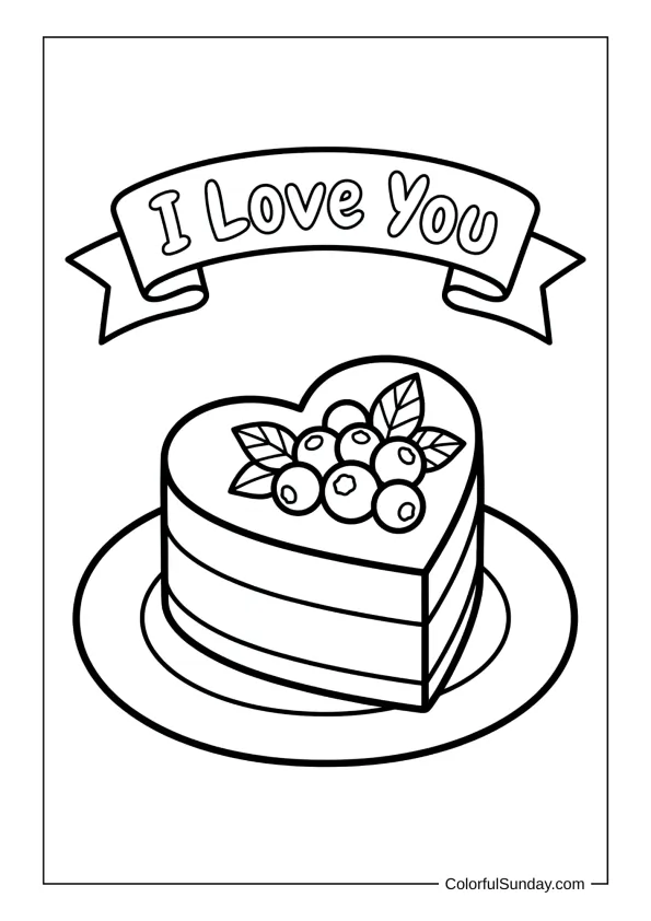 Heart-shaped cake with berries and a banner that says I love you in a delicious coloring page.