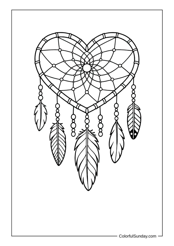 heart dreamcatcher with feathers in a coloring page
