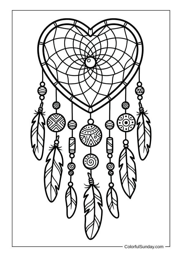 heart dreamcatcher mandala in a coloring page