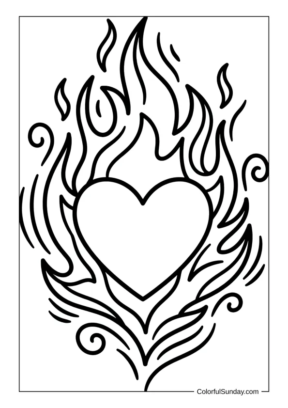 heart with flames in a coloring page