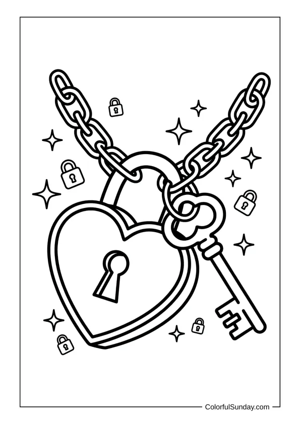 heart lock with key in a coloring page