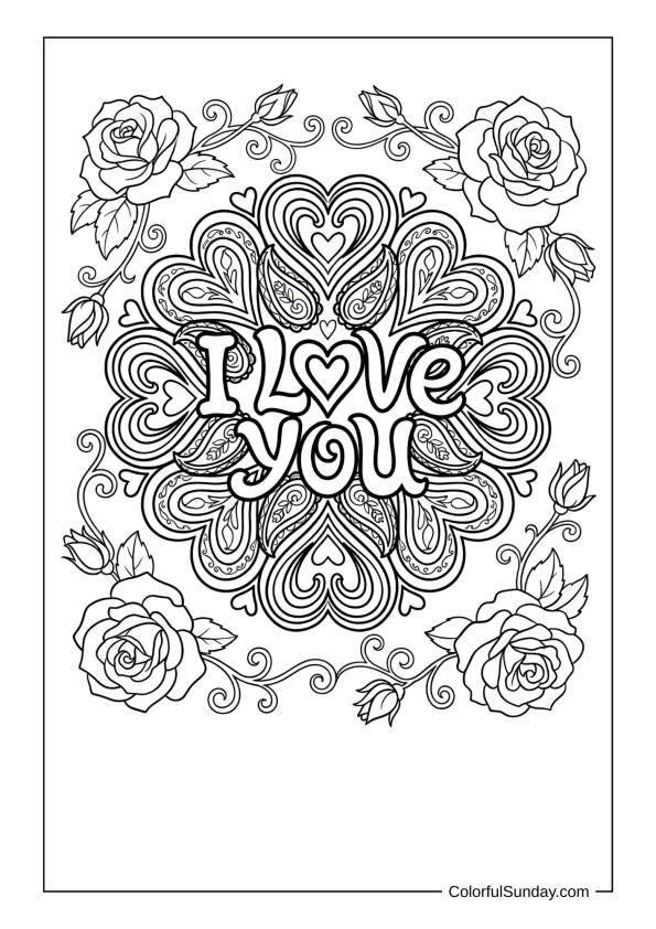 Detailed heart mandala with paisley patterns forming I love you surrounded by roses in a coloring page.