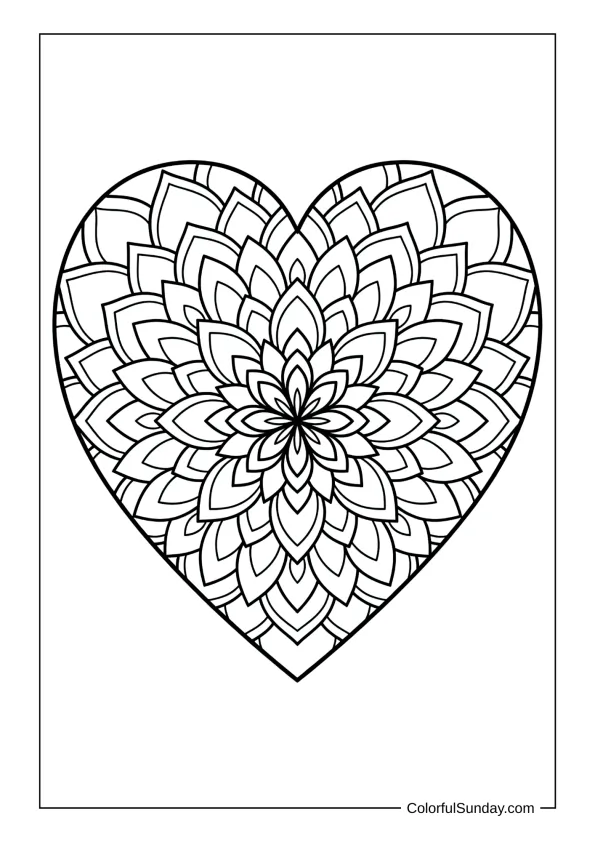 heart shaped mandala pattern in a coloring page