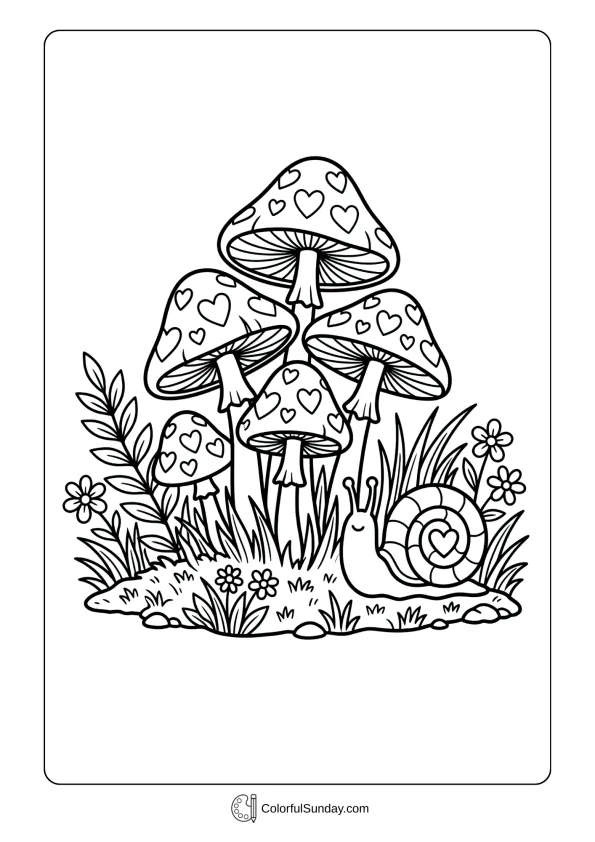 A coloring page of whimsical mushrooms with heart patterns on their caps for Valentine's Day.