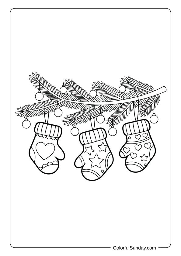 Mittens coloring page showing mittens with heart and star patterns on a tree.