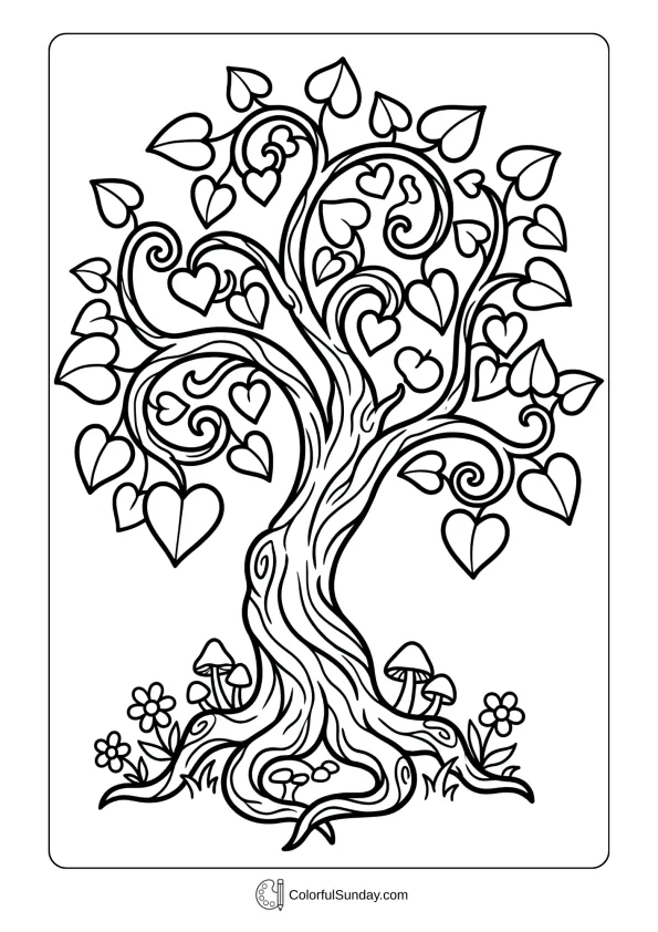 Magical tree growing hearts on branches in a Valentine's Day coloring page