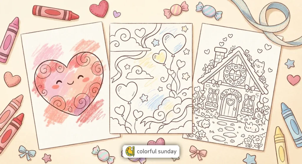 three coloring pages related to the heart