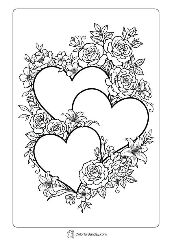 Hearts intertwined with blooming flowers in a Valentine's Day coloring page celebrating romance