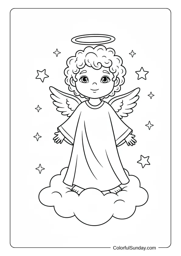 A coloring page of a heavenly angel boy with curly hair and bright halo standing on cloud.
