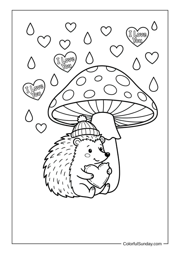 Hedgehog under a mushroom hugging a heart pillow with heart raindrops in an I love you coloring page.
