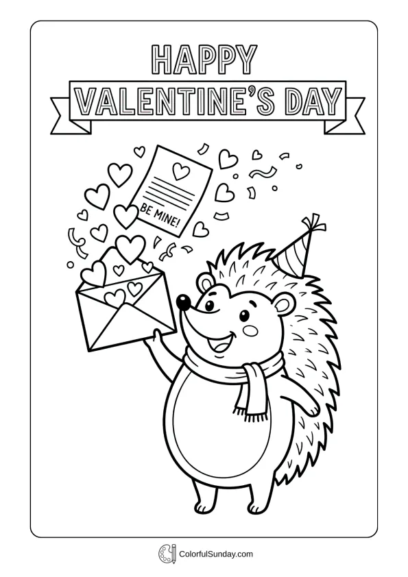 A hedgehog holds an open love letter with hearts coming out in this Valentine's Day coloring page.