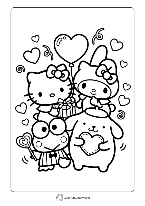 Hello Kitty, My Melody, and other friends gather with hearts around them in a Valentine's Day coloring page.