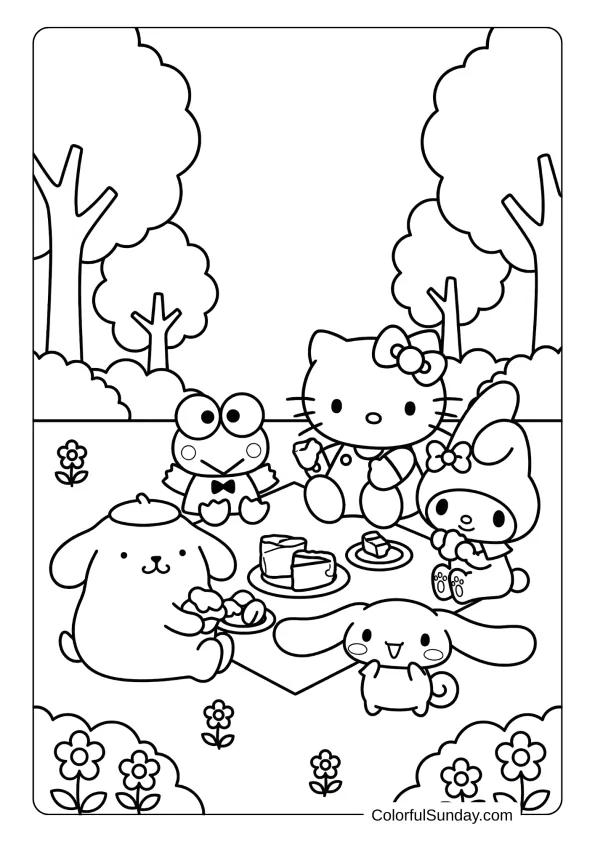 Hello Kitty coloring page with animal friends