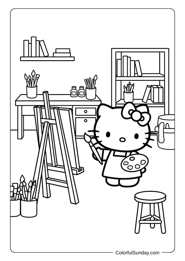 Hello Kitty coloring page featuring an art studio
