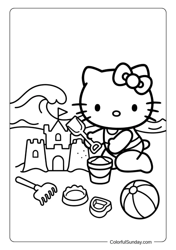 Hello Kitty beach coloring page with seaside fun