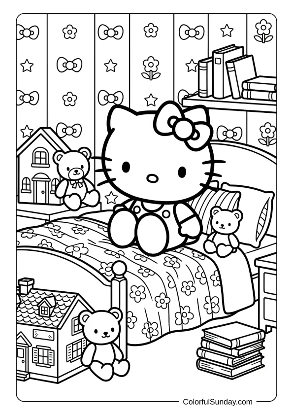 Hello Kitty coloring page of a cute bedroom scene with toys
