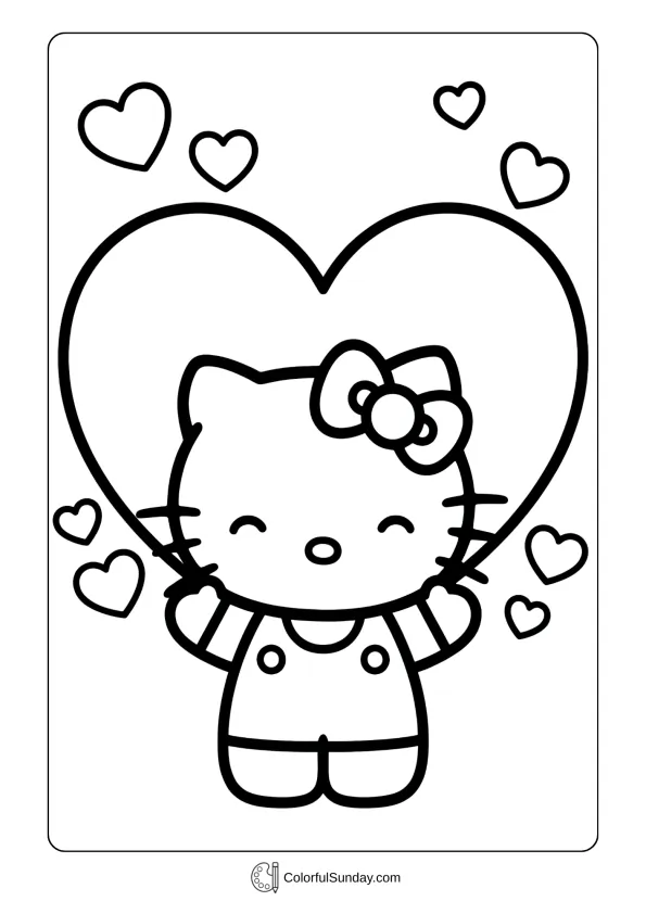 A coloring page of Hello Kitty with a huge heart in the background for Valentine's Day.