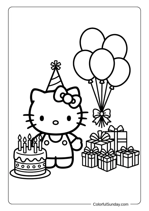 Hello Kitty birthday coloring page with cake and party decorations
