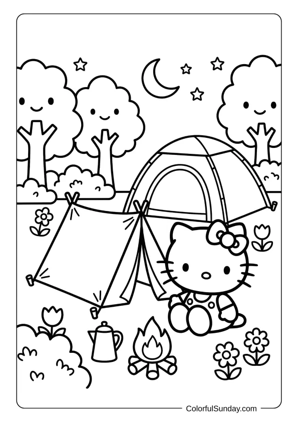 Hello Kitty coloring page of a camping adventure