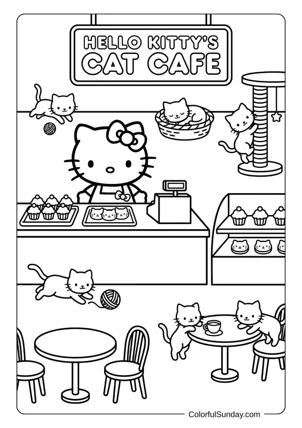 Hello Kitty coloring pic of a cute cat café setting