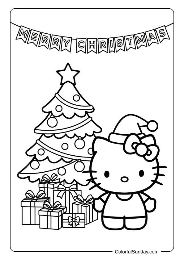 Hello Kitty Christmas coloring page with festive details
