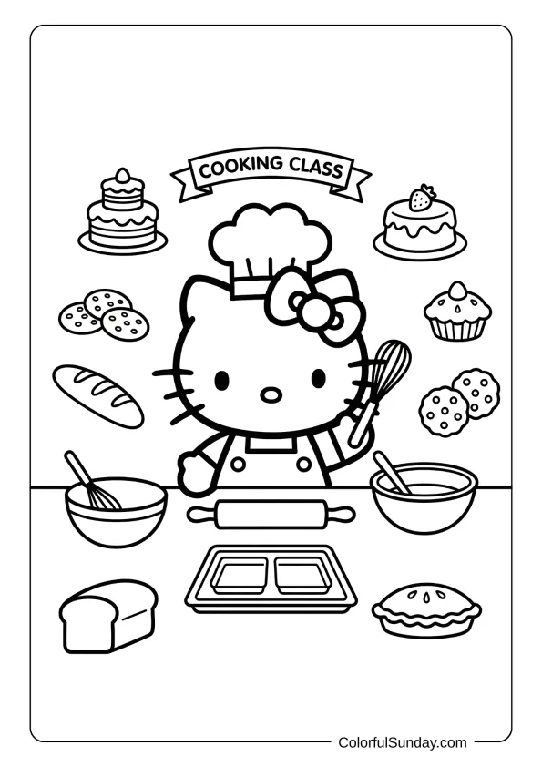 Hello Kitty coloring page showing a cooking class
