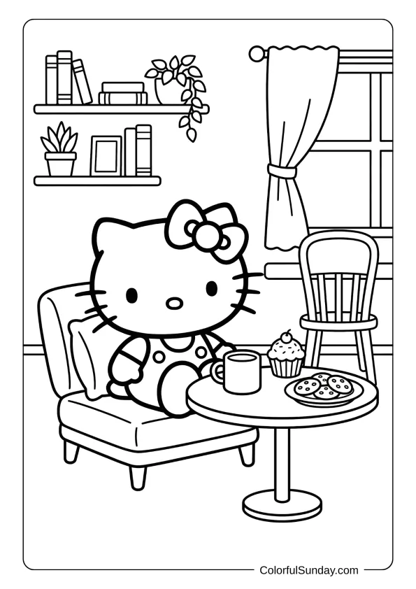 Hello Kitty café coloring page with cute details