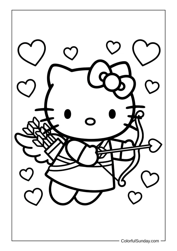 Hello Kitty Cupid spreading love in a neat and adorable coloring page.