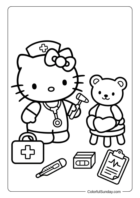 Hello Kitty coloring page showing doctor play