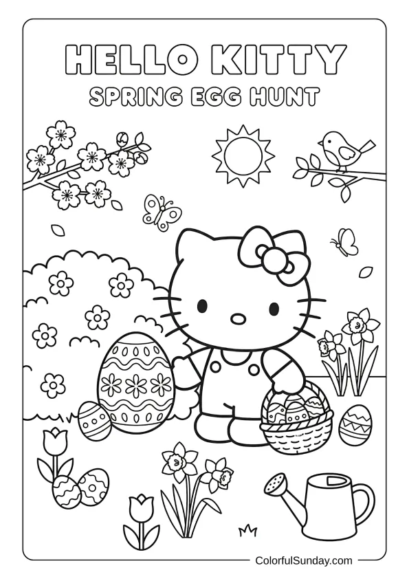 Hello Kitty Easter coloring page with eggs