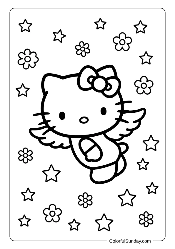 Hello Kitty fairy coloring page with wings and sparkles