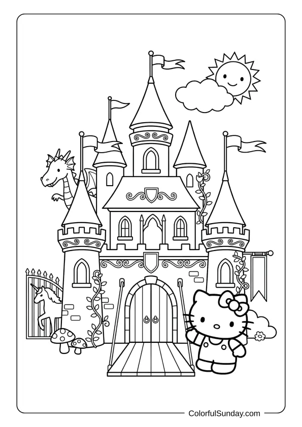 Hello Kitty fairytale coloring page with a castle