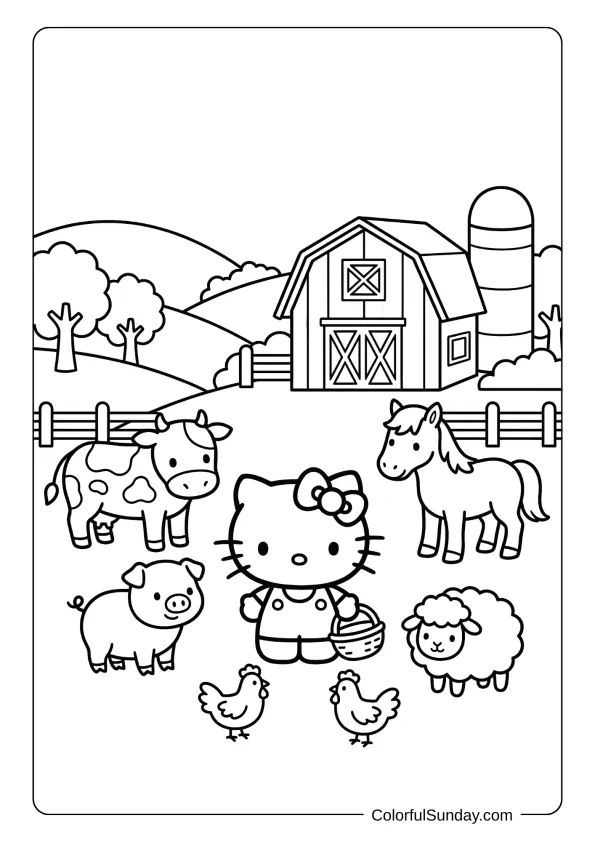 Hello Kitty coloring page showing a farm visit